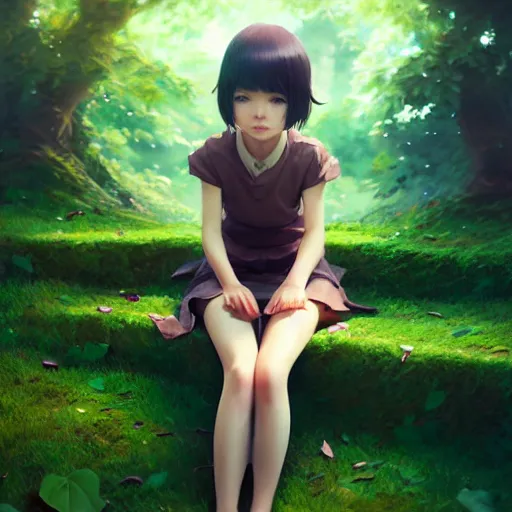 Prompt: very small little girl by ross tran, sitting on a gigantic green leaf by sana takeda, rtx reflections, octane 1 2 8 k, very high intricate details, digital anime art by wlop, medium shot, mid - shot, composition by ilya kuvshinov, lighting by greg rutkowski