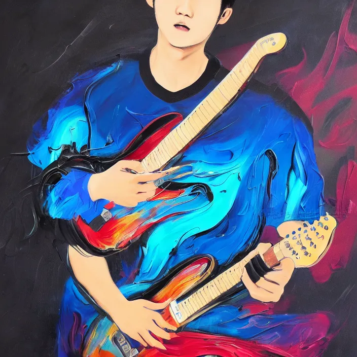 Image similar to abstract large swirly brush strokes painting of a young korean man wearing black v neck t shirt holding a telecaster!!! electric guitar!!, candid!! dark background, huge thick flowing dramatic brush strokes, matte colors, abstract, emotional masterpiece, impressionist, motion, trending on artstation