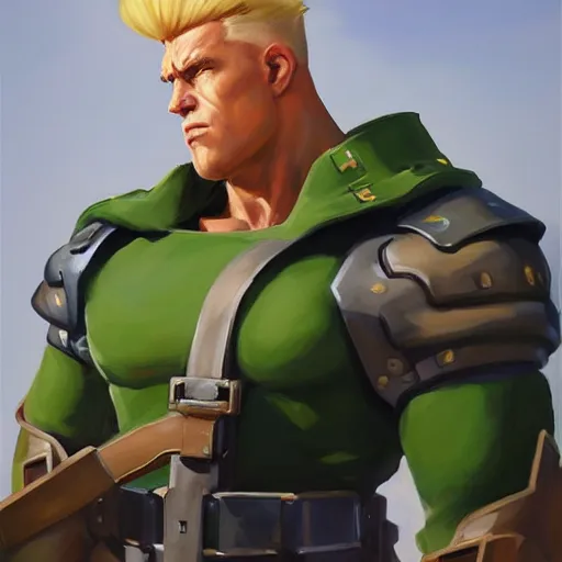 Image similar to greg manchess portrait painting of partially armored guile from street fighter as overwatch character, medium shot, asymmetrical, profile picture, organic painting, sunny day, matte painting, bold shapes, hard edges, street art, trending on artstation, by huang guangjian and gil elvgren and ross tran