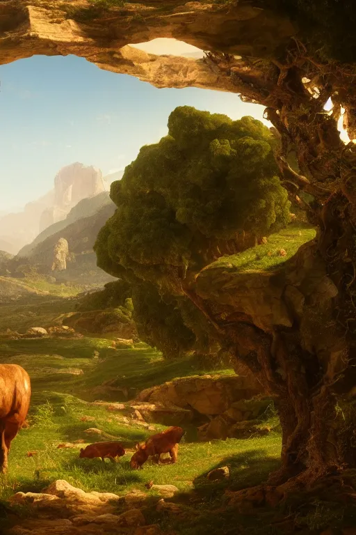 Prompt: a vast ancient italian landscape with farm animals the style of thomas cole, raytracing, 8 k, octane render, volumetric, vivid, beautiful, hyperrealism