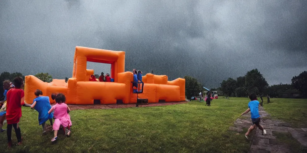 Image similar to a bouncy castle with children inside blowing in the wind during a violent thunderstorm, hyperreal