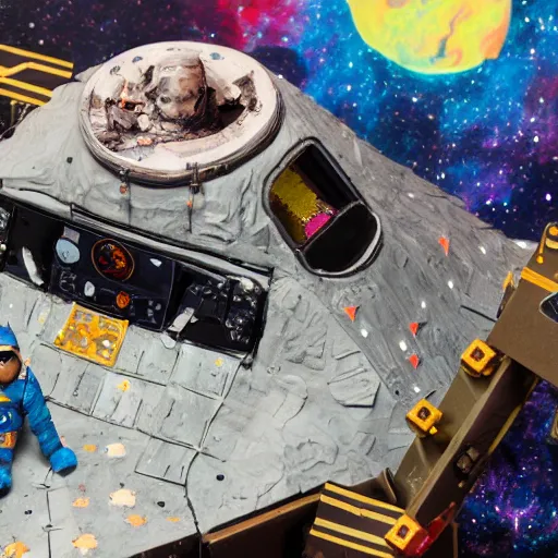 Image similar to a space captain steering an asteroid, space backdrop, everything made of papier - mache canon 5 d 5 0 mm lens, diorama, artificial intelligence