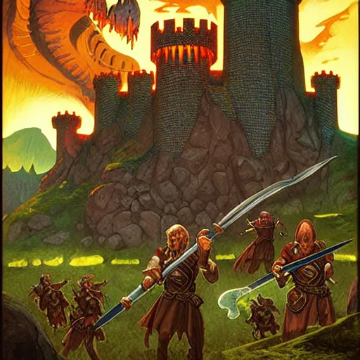 Image similar to dnd adventure module cover about a castle that eats adventurers. fantasy illustration | | digital illustration, fine details, lighting poster by larry elmore, rob spencer, wayne reynolds, eva wildermann, jeff easley