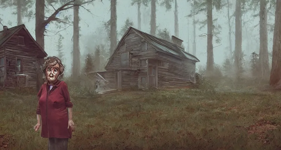 Image similar to single character, ugly old woman with sinister face standing outside old cabin, portrait, dirty clothes, forrest in the background, utopian looking, 80s, moody, hyperrealistic, detailed face, in the style of Simon Stalenhag