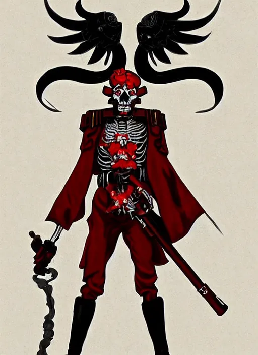 Image similar to shin megami tensei art of a demon that is a skeleton soviet!!! soldier!!! from 1 9 2 0 s wearing a budenovka!!!! with a red star!!, art by kazuma kaneko, demonic! compedium!, law aligned, digital drawing, white background, very high quality, very highly detailed