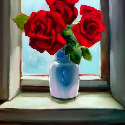 Prompt: A painting of a windowsill with flowers. Red rose. Blue violets. The natural light from the window would be shining in on the scene. Trending on artstation