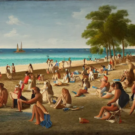 Prompt: crowd of rich people on a private beach chilling in the style of Emanuel Witz, Swiss painter, restored