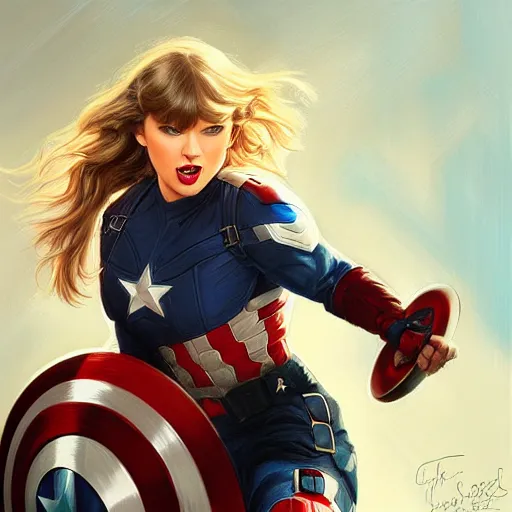 Prompt: Taylor Swift as Captain America, portrait, highly detailed, digital painting, artstation, concept art, sharp focus, illustration, cinematic lighting, art by artgerm and greg rutkowski and alphonse mucha