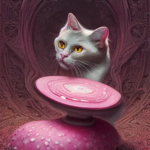 Prompt: Pink cat mushroom, intricate, highly detailed, digital painting, artstation, concept art, smooth, sharp focus, illustration, Unreal Engine 5, 8K, art by artgerm and greg rutkowski and alphonse mucha