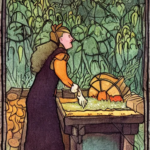 Image similar to the blacksmits’ daughter, working in the forge, a smile at her face, fantasy art in the style of Elsa Beskow,