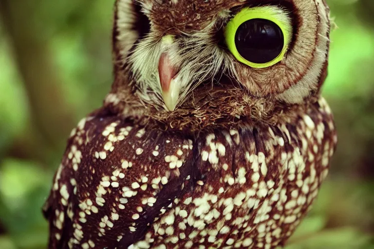 Prompt: a photo of an angry mutant portabella mushroom owl in its natural habitat, kodak ektachrome e 1 0 0 photography