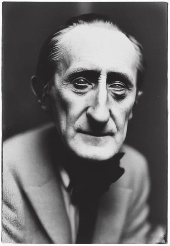 Image similar to a close - up casual photo of marcel duchamp with playful eyes, 1 9 2 0 s monochrome snapshot, graflex 4 x 5, f 1. 8, 3 5 mm, ilford delta 3 2 0 0 pro