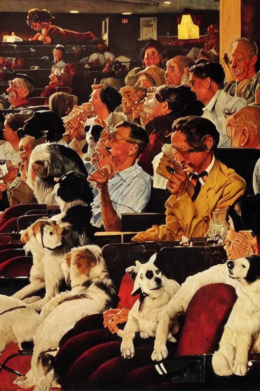 Image similar to ten dogs watching a movie at movie theater eating popcorn painted by norman rockwell