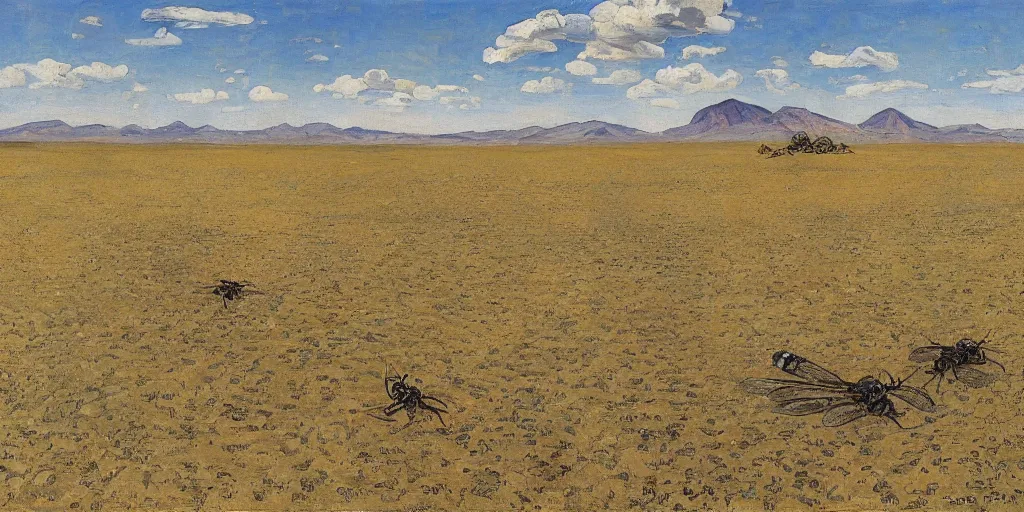 Prompt: oil painting huge wasp and wasp nest in the steppe by ferdinand hodler