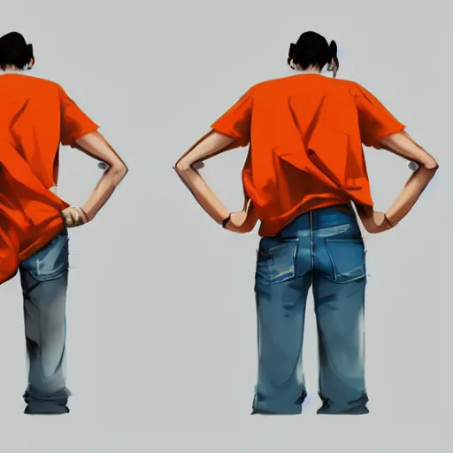 Image similar to man in orange t - shirt hugging from behind girl, vivid colors, character sheet, fine details, concept design, contrast, kim jung gi, greg rutkowski, trending on artstation, 8 k, full body, turnaround, front view, back view, ultra wide angle