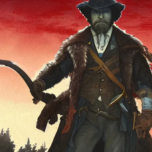 Image similar to an ultra detailed vector image of bob ross dressed as the hunter from bloodborne, concept art by alphonse mucha and greg rutkowski, praise the blood moon, octane render, cosmic horror, scary little trees