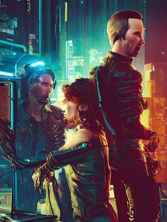 Prompt: a cyberpunk 2077 couple portrait of Keanu Reeves and V,complex mess of cables and wires behind them connected to giant computer,love,film lighting,by laurie greasley,Greg Hildebrandt,Donato Giancola,William Morris,Dan Mumford,trending on atrstation,full of color,face enhance,highly detailed,8K, octane,golden ratio,cinematic lighting