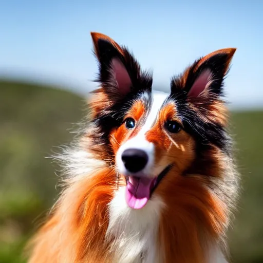 Prompt: a giant Sheltie is looking down at it's ant sized human owner
