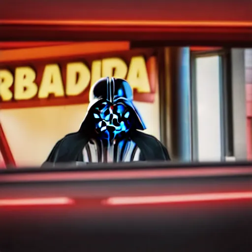 Image similar to darth vader working at mcdonalds drive thru, mcdonalds drive thru, XF IQ4, 150MP, 50mm, F1.4, ISO 200, 1/160s, natural light, Adobe Photoshop, Adobe Lightroom, photolab, Affinity Photo, PhotoDirector 365