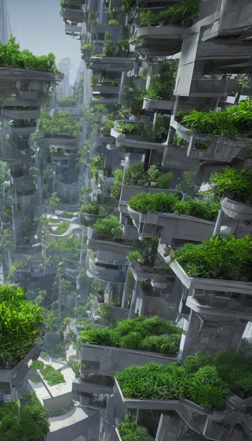 Image similar to a futuristic Hanging Gardens of Babylon, sweat drops, insane, highly detailed, smooth, sharp focus, Unreal Engine 5, 8K