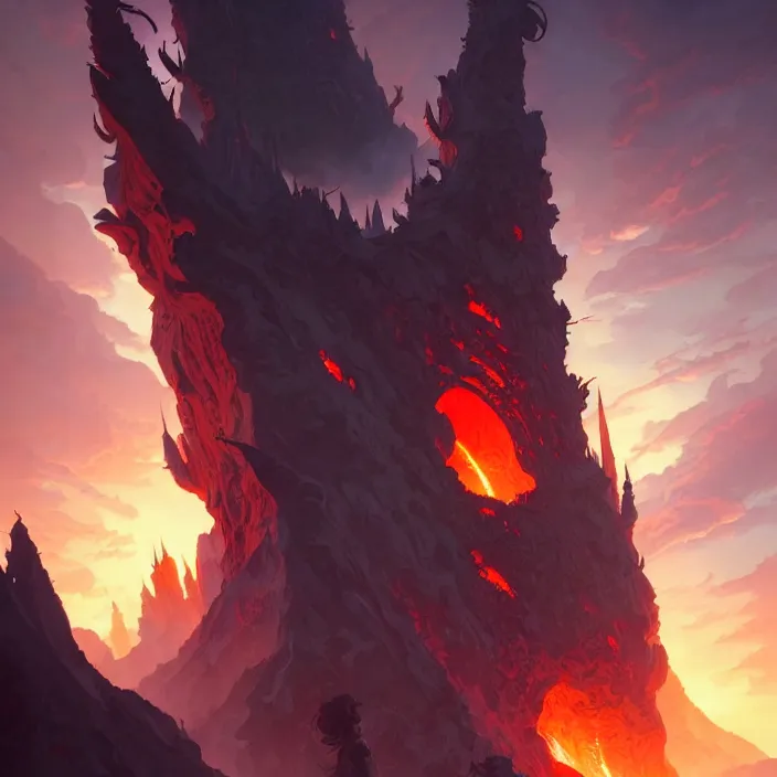 Image similar to style artgerm, joshua middleton, ellen jewett, a castle of brimstone, very long spires, fire swirling, detailed, volcano background setting, volumetric lighting