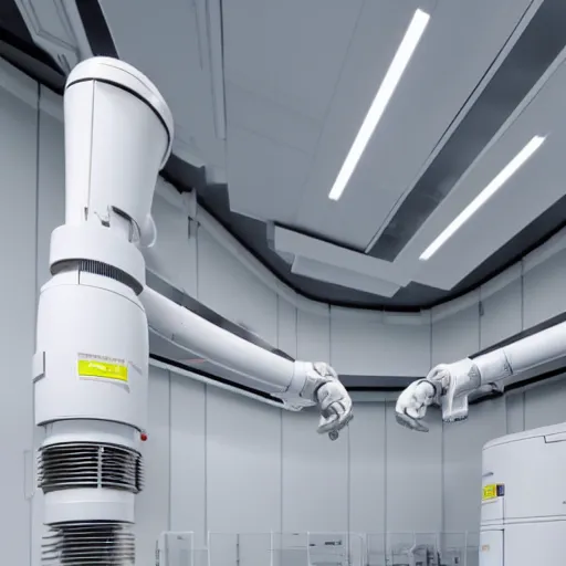 Image similar to abb industrial robot arm in a white clean room with global illumination intricate details wires