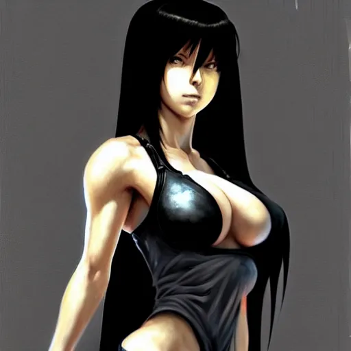 Image similar to Portrait of Tifa Lockhart by Greg Rutkowski. She is hiding from a Shinra robot in the Reactor Core by Mark Arian. It is dark and stark and industrial by H.R. Giger. soft render, octane, highly detailed painting by Moebius. artstation Blank Canvas Scene by Tetsuya Nomura.