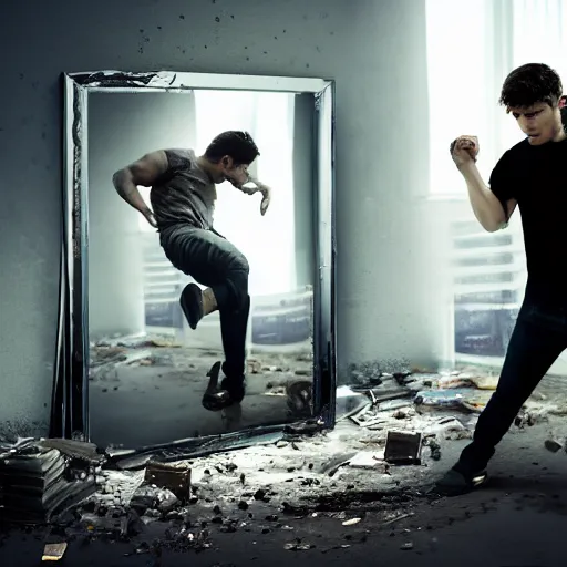 Image similar to incredible cinematic image of young angry man fighting to himself while breaking a large mirror, debris everywhere, studio shot, dynamic lighting, high definition, highly detailed, photo-realistic, unreal engine render, 16k