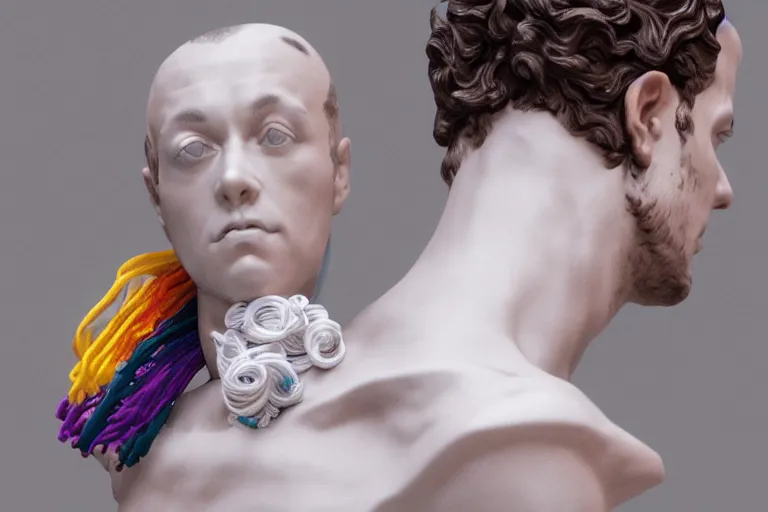 Image similar to a beautiful porcelain Baroque style bust of handsome young Spanish man with colored pipecleaners coming out of the neck suspended in space, photorealism, octane render, depth of field, 8k, 35mm, artgem, Trending on artstation