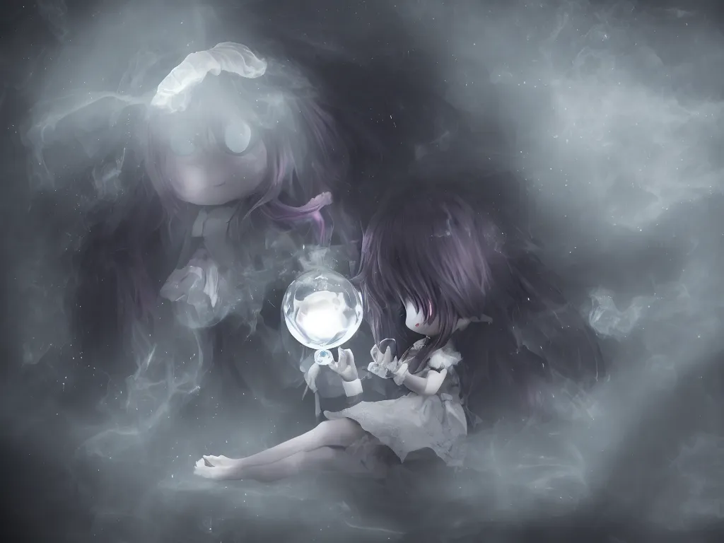 Image similar to cute fumo plush girl gazing into a crystal ball swirling with strange energy, black and white eldritch gothic horror, smoke and volumetric fog, witch girl, soothsayer, lens flare glow, chibi anime, vray