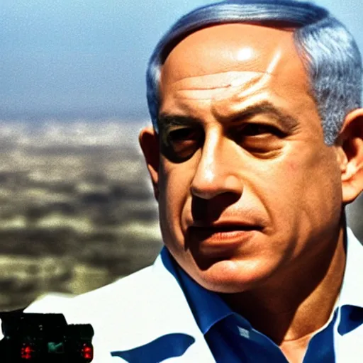 Image similar to benjamin netanyahu as the terminator in a helicopter, establishing shot, cinematic lighting