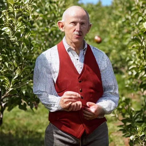 Prompt: portrait of a middle aged man, pointed ears, standing in an apple orchard, dressed well, very handsome