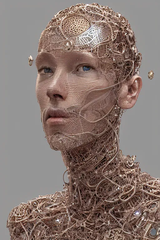 Prompt: a melancholic realistic 8k Sculpture of a complex robotic human face, liquid simulation, dramatic lighting, silver gold red details, hexagonal mesh wire, filigree intricate details, cinematic, fleshy musculature, white blossoms, elegant, octane render, art nouveau, 8k post-processing, intricate artwork by peter mohrbacher