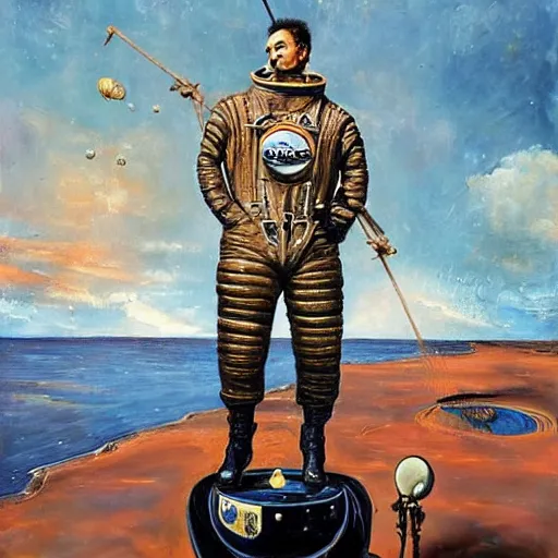 Image similar to by tim okamura improvisational salvador dali. a beautiful installation art of astronaut standing on a planet with a flag in the background.