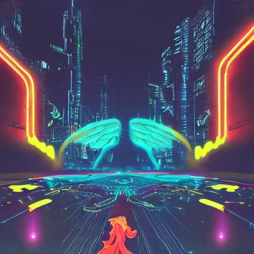 Image similar to a detailed matte painting of a neon cat under a black light with red led eyes, a beam of light shining upon the cat, levitation, the cat is in a intricately detailed neo neon cyberpunk Japanese city, the angel of death with a halo, colorful background not limited to children, by Ismail Inceoglu , concept art, featured on cgsociety