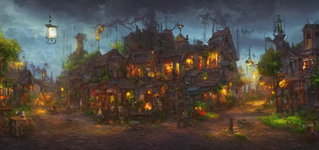 Prompt: Look of a steampunk village, full daylight, evening, cartoon moody scene, digital art, 8k, colorful details of lush nature covering the streets