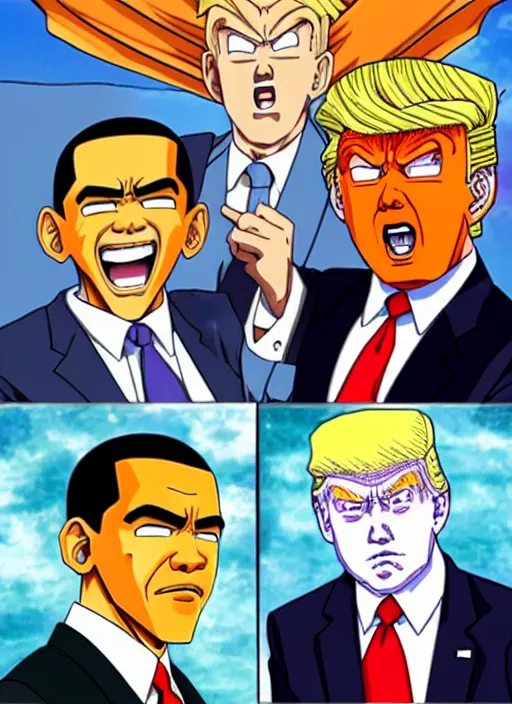 Prompt: : obama trump and biden as anime cartoon character design dragonball z