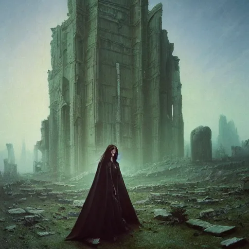 Image similar to a portrait of a young woman wearing a long dark cloak, performing on an various esoteric looking electronic music devices and an enormous modular synthesizer rig amidst the ruins of deserted and decaying city, oil painting, matte painting, Volumetric Golden dappled dynamic lighting, Highly Detailed, Cinematic Lighting, Unreal Engine, 8k, HD, by Beksinski