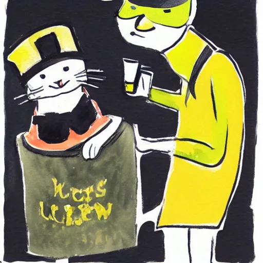 Prompt: a cat wearing a black bucket hat and a black and yellow colored scarf drinking a beer at an outdoor bar, children\'s book watercolor drawing