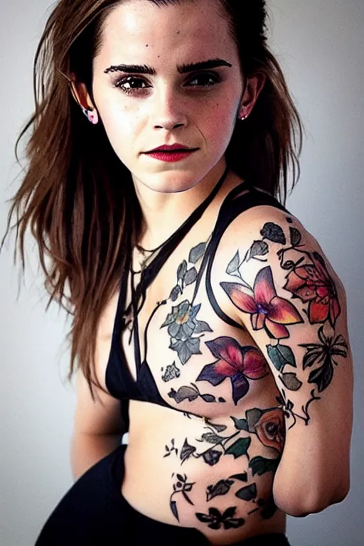 Image similar to emma watson, dope tattoo, hyperrealistic