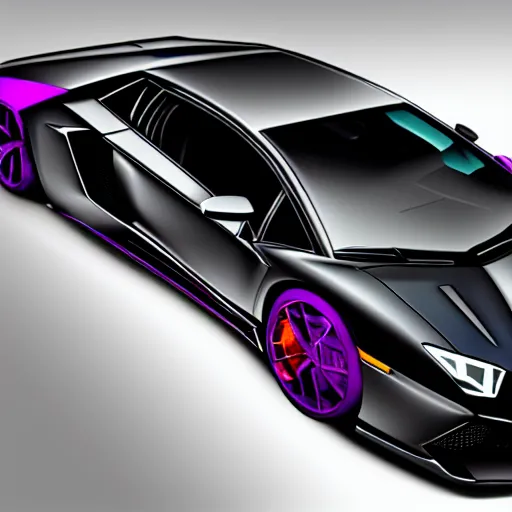 Image similar to isometric view of a black painted Lamborghini Aventador SV with purple highlights