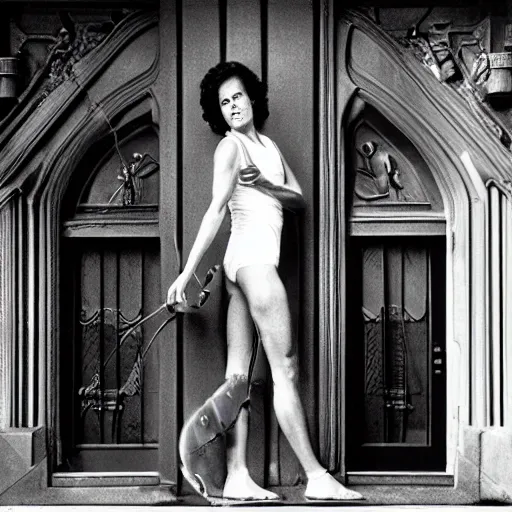 Image similar to detailed professional photographic portrait of Sigourney Weaver wearing a white singlet and her cat moving apartment New York City 1983, gothic building entrance way Art Deco. Giger, cinematic feel, high octane