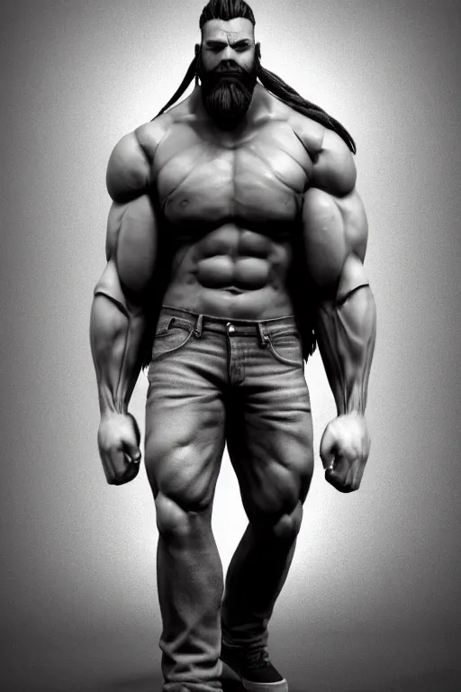 Image similar to a very muscular man with big beard wearing jeans, seductive pose, hyperrealistic, concept art, octane render, unreal engine 5, trending on artstation, high quality, highly detailed, stylish, elegant, path traced, black and white, realistic and detailed face, anatomically correct, five fingers, cinematic, high coherence, dramatic lighting, 8 k