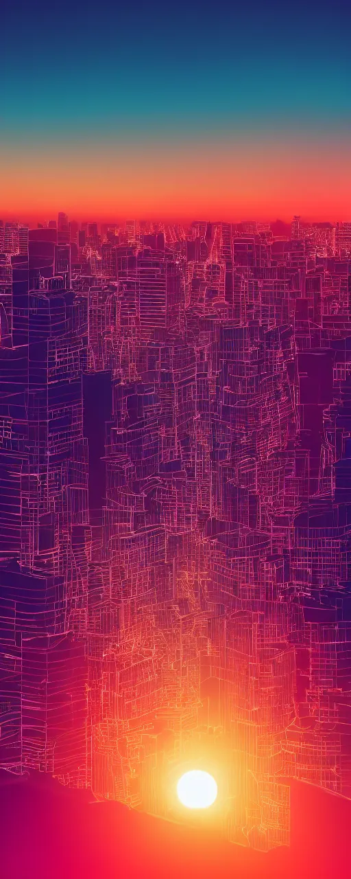 Prompt: night city, neon lights, retrowave grid, sunset