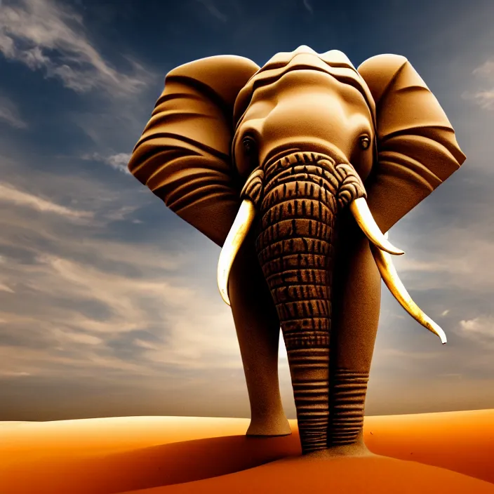 Prompt: fantasy art of an elephant made of sand in the middle of a very sandy desert storm sand, 4 k, high quality, sharp, 1 6 k, trending in artstation