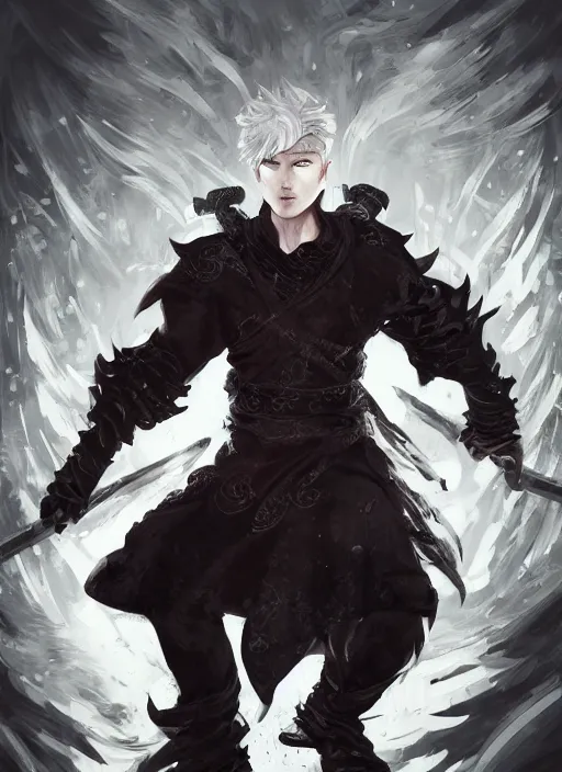 Image similar to a highly detailed illustration of fierce short white haired parted through the middle young attractive asian man, wearing hakama, with black sclera eyes, heroically battle posing, intricate, elegant, highly detailed, centered, digital painting, artstation, concept art, smooth, sharp focus, league of legends concept art, WLOP