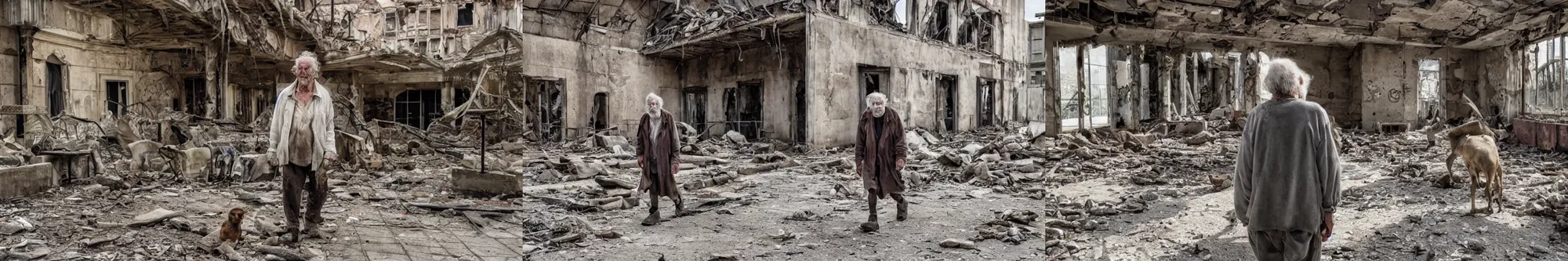 Prompt: an old man in rags wandering in the ruins of a post apocalyptic museum, with various animals around him