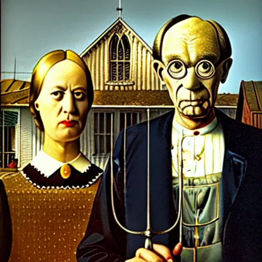 Image similar to salvador dali and andy warhol in the style of american gothic