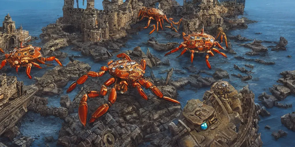 Prompt: steampunk mecha crabs invading a medieval brick castle at sunset, fantasy, coastal terrain, extremely detailed, 4 k, 8 k