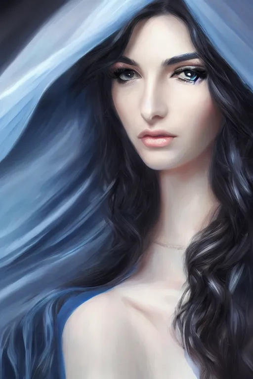 Image similar to Ameera al-Taweel, blue eyes, long wavy black hair, , white veil, closeup, focus face, elegant, highly detailed, centered, digital painting, artstation, concept art, art by artgerm